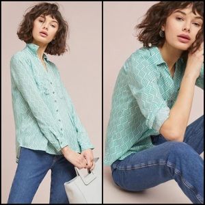 Anthro Maeve Green Print Button Down Blouse Shirt